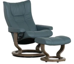 Stressless® Wing Medium Classic Recliner & Ottoman - Paloma Teal Blue